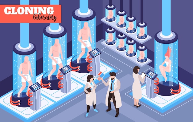 Бесплатное векторное изображение Лаборатория клонирования человека футуристическая иллюстрация с мужчинами, женщинами и младенцами, растущими в стеклянных капсулах с жидкостью