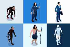 Free vector human  evolution  isometric  square  icons  set  from  monkey  primate  to  hi  tech  robotic  character  cartoon    illustration