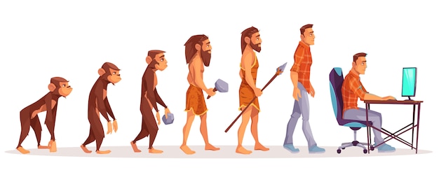 Free vector human evolution of monkey to modern man programmer, computer user isolated on white.