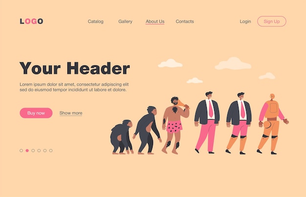 Human evolution to robot line. Primate monkey, ancestor, caveman, business man, man with bionic limb, cyborg.  landing page for anthropology, intelligence development concept