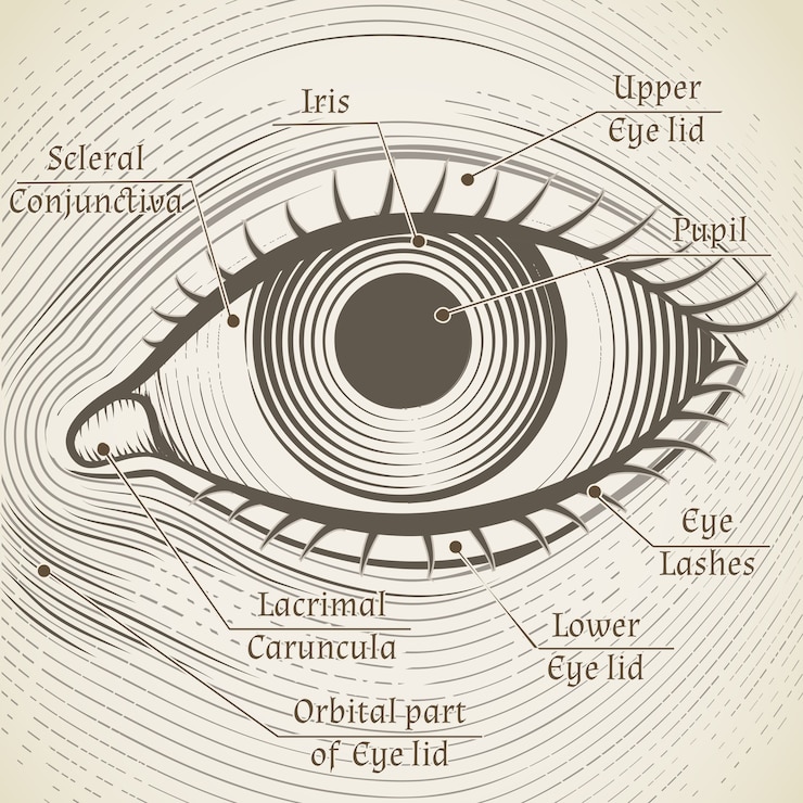 Free Vector human eye etching with captions. cornea, iris and pupil. name parts of the eye for books, encyclopedias