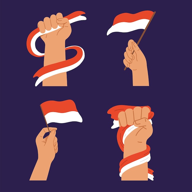 Free vector human hand hold waving flag of indonesia independentxa