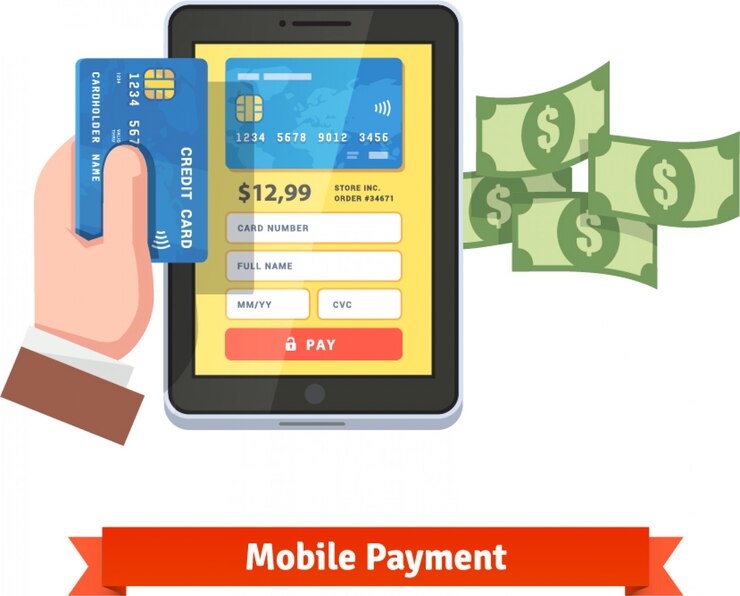Free Vector human hand holding credit card over tablet