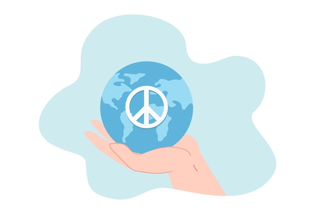 Free vector human hand holding globe of earth with hippie symbol of peace. person praying for peace in world flat vector illustration. love, no war, culture concept for banner, website design or landing web page