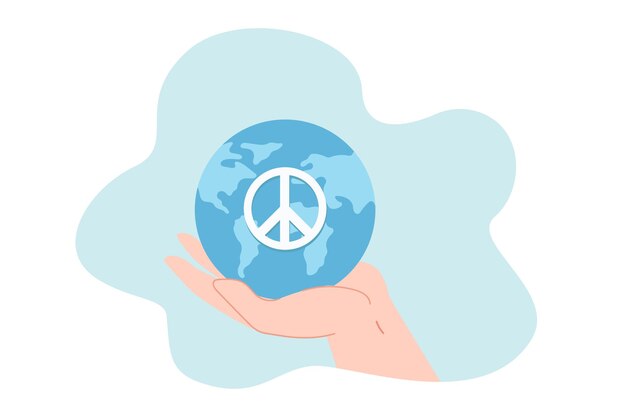 Human hand holding globe of Earth with hippie symbol of peace. Person praying for peace in world flat vector illustration. Love, no war, culture concept for banner, website design or landing web page