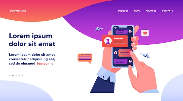 テキストメッセージ付きの携帯電話を持っている人間の手。チャット会話フラットベクトルイラストで画面に触れる人。電話通信の概念のウェブサイトのデザインや着陸のウェブページ