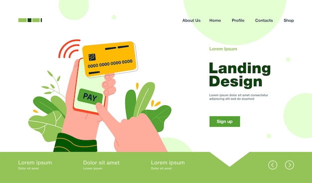 Vector Templates: Free Download of Human Hand Holding Smartphone and Paying Online Landing Page