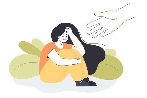 Human hand stretching to young unhappy girl sitting and hugging her knees. Person helping sad lonely woman to get rid of depression or stress flat vector illustration. Mental health, support concept