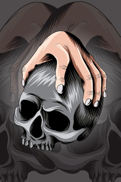 Человеческая рука с векторной иллюстрацией черепа Premium векторы