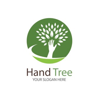 Человеческие руки и дерево с зелеными листьями. дизайн векторного шаблона иконки логотипа