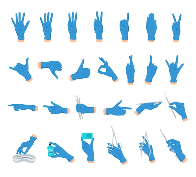 Free vector human hands gestures flat set of isolated flourishes with hands wearing blue gloves holding surgical tools vector illustration
