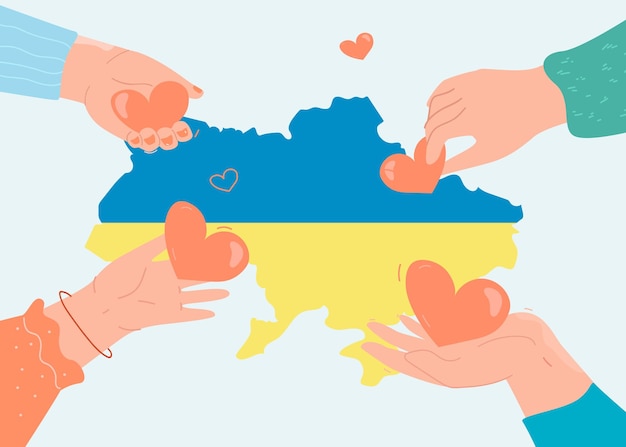 Human hands giving hearts to map of Ukraine. Fundraising by people for refugees, help of Ukrainian army flat vector illustration. Charity concept for banner, website design or landing web page