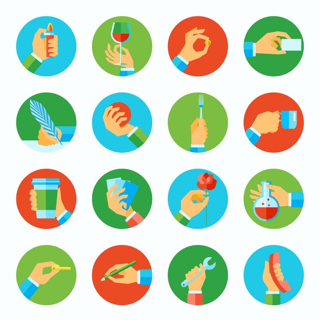 Human hands holding different objects flat icons set isolated vector illustration