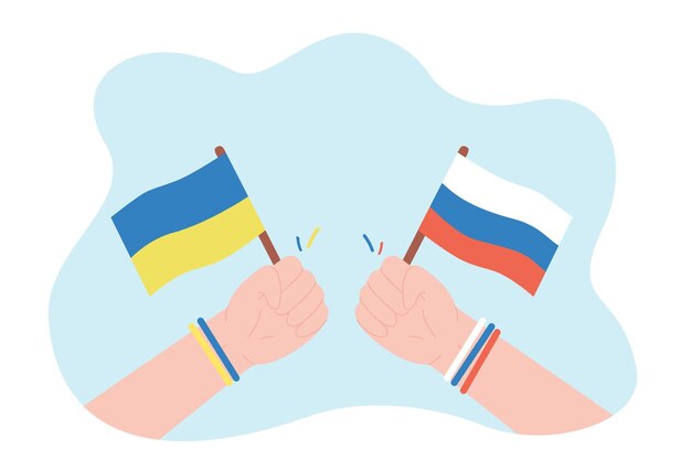 Human hands holding flags of Ukraine and Russia. Support of peace in word from people flat vector illustration. Solidarity, demonstration concept for banner, website design or landing web page