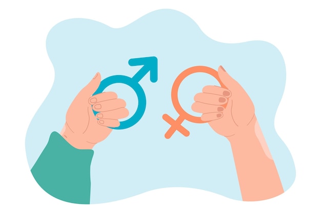 Human hands holding male and female symbols. Understanding of gender by man and woman flat vector illustration. Equality, identity, relationship concept for banner, website design or landing web page