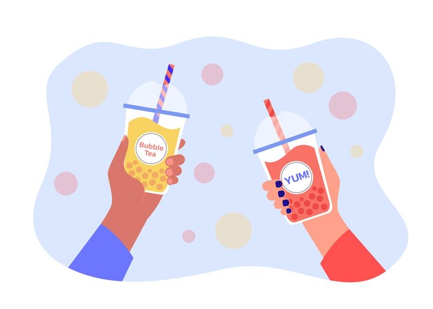 시원한 거품 차와 빨대가 있는 플라스틱 컵을 들고 있는 인간의 손. 아시아에서 인기 있는 달콤한 보바 음료, 맛있고 차가운 진주 우유 음료 플랫 벡터 삽화를 즐기는 사람들. 디저트 컨셉