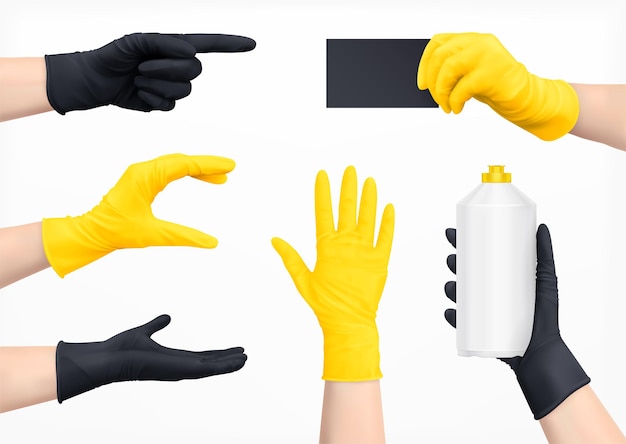 Человеческие руки в защитных перчатках черного и желтого цветов реалистичный набор изолированных иллюстрация