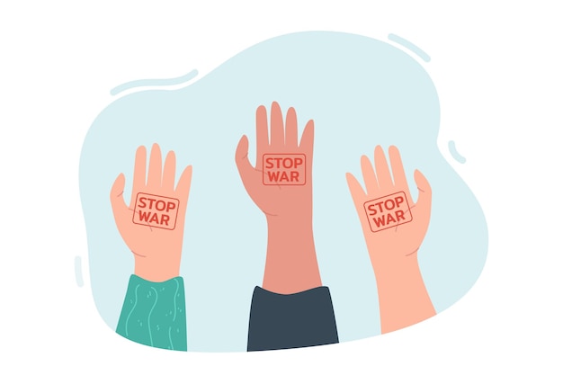 手のひらに戦争停止の兆候を示して立ち上がる人間の手。人々は戦争と暴力のフラットベクトルイラストに抗議します。バナー、ウェブサイトのデザインまたはランディングウェブページの平和、戦い、連帯の概念
