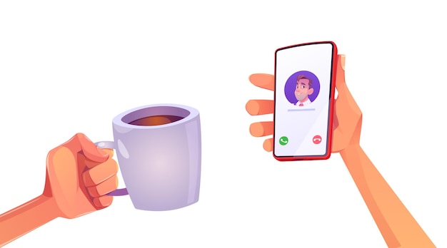 Human hands with coffee cup and phone morning