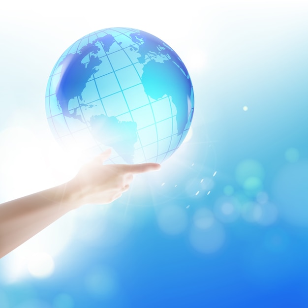 Free vector human holding globe on his hands over blue sky.