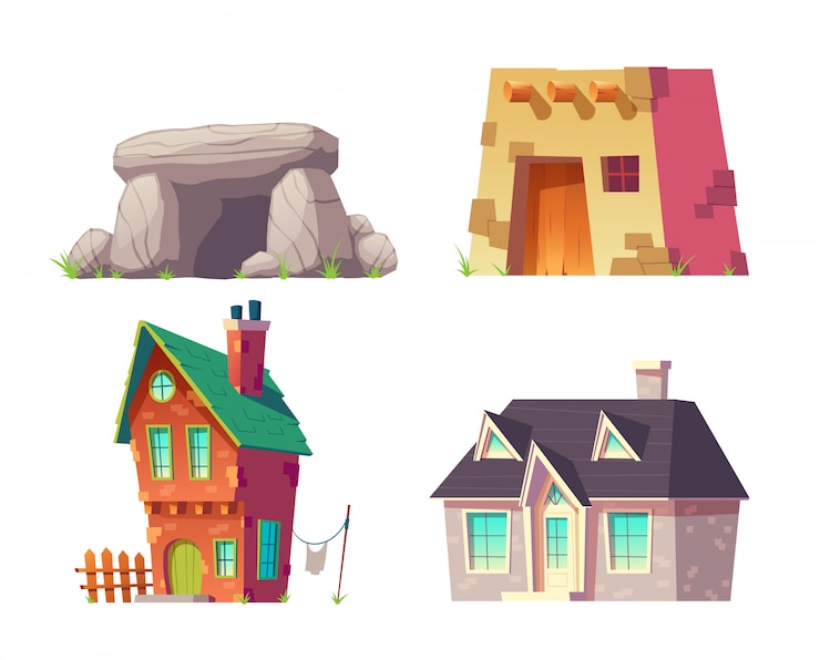 Free Vector human homes from prehistoric to modern time cartoon vector set isolated. cave, ancient flat roof house, rural hat with brick walls and tile roof, modern cottage, mansion building illustration