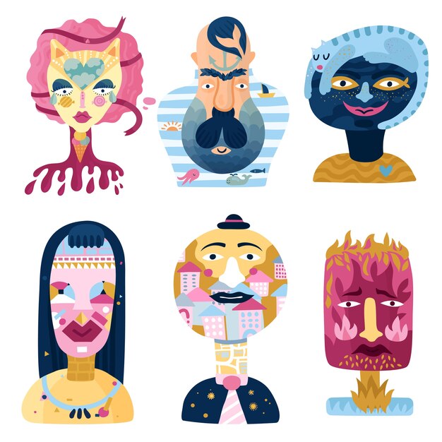 Free vector human inner world set of psychological imaginary portraits including sweet woman