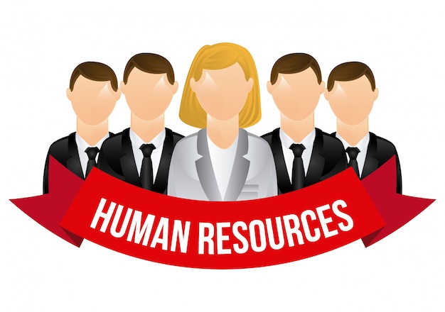 Human resources characters with banner over white