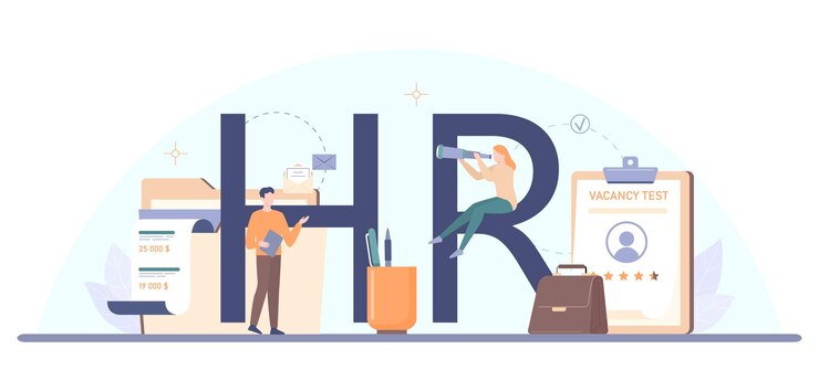 Human resources HR typographic header Idea of recruitment and job management HR manager interviewing a job candidate Flat vector illustration