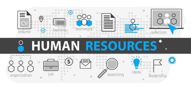 Human resources web banner concept. outline line business icon set. hr strategy team, teamwork and corporate organization. vector illustration template for sites, presentation