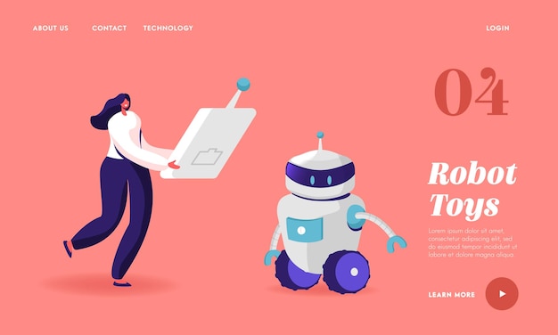 Human and robot landing page template. tiny female character carry huge remote control to make robot moving. cyborg, artificial intelligence technologies, robotics hobby. cartoon vector illustration