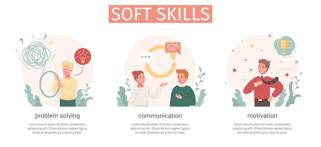 Free vector human soft skills in motivation communication problem solving  isolated compositions flat cartoon vector illustration