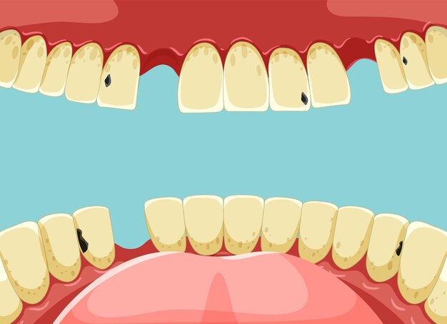 Human teeth inside mouth with yellow broken tooth