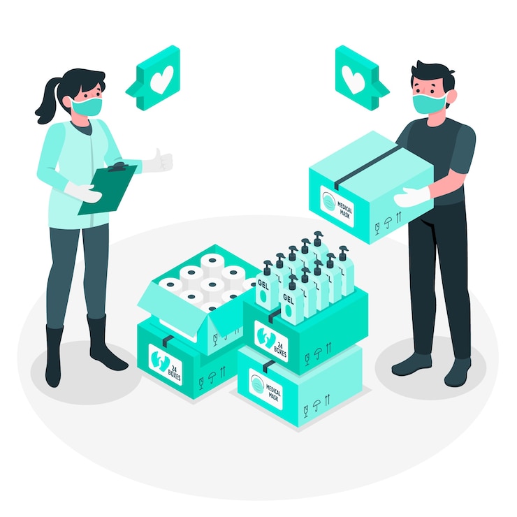 Free Vector humanitarian help (people donating sanitary protection equipment) concept illustration