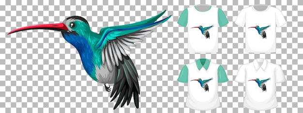 Vettore gratuito personaggio dei cartoni animati di colibrì con molti tipi di camicie su sfondo trasparente