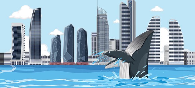 Free vector humpback whale in the city