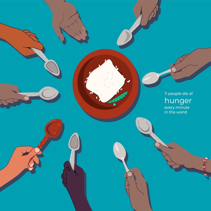 Free Vector hunger food crisis flat composition with plate surrounded by human hands of various color holding spoons vector illustration