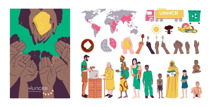 Free Vector hunger food crisis flat composition with set of isolated charity icons human characters and holding hands vector illustration