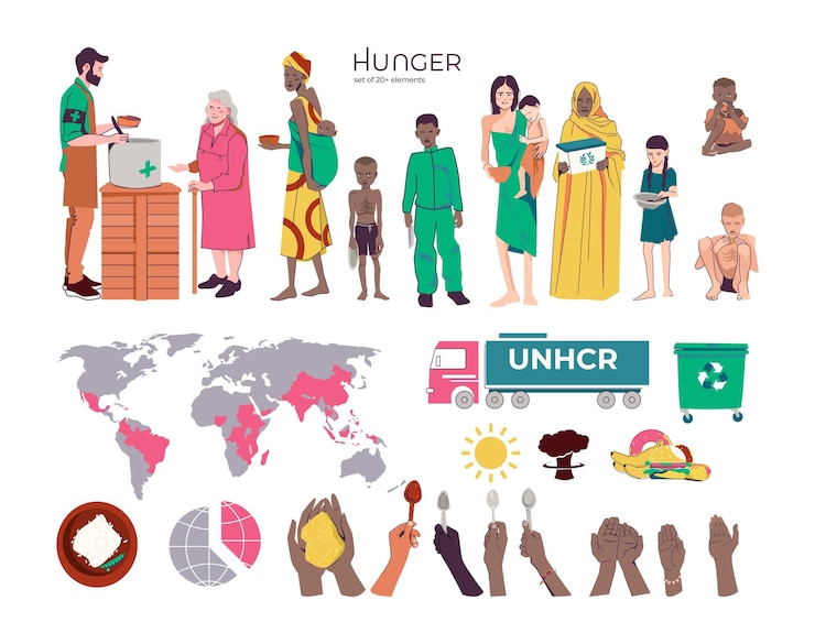 Free Vector hunger food crisis flat set with isolated icons of world map and holding hands of color vector illustration