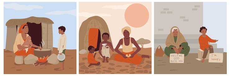 Free Vector hunger food crisis flat set with people suffering from starvation and malnutrition isolated vector illustration