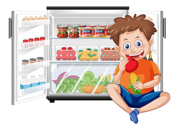 Hungry boy enjoy eating in front of refrigerator