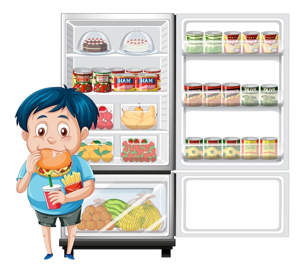無料ベクター 空腹の少年は冷蔵庫の前で食べることを楽しむ