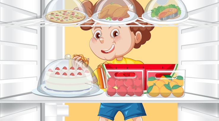 Free Vector hungry boy looking foods in fridge