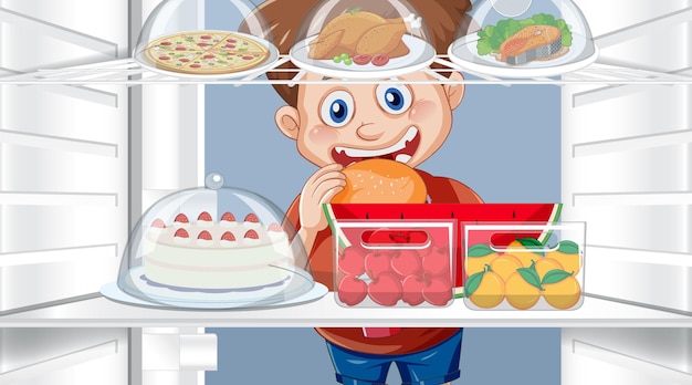 Free vector hungry boy looking foods in fridge