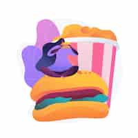 Бесплатное векторное изображение Голодная женщина ест гамбургер. пристрастие к фастфуду, переедание, калорийная еда. девушка с огромным аппетитом, перееданием и обжорством.