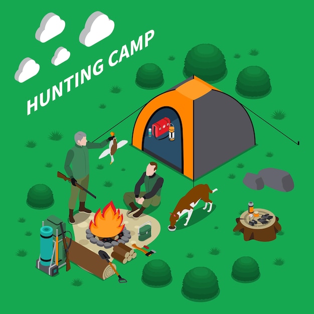 Free vector hunting camp isometric composition with men dog and campfire symbols illustration