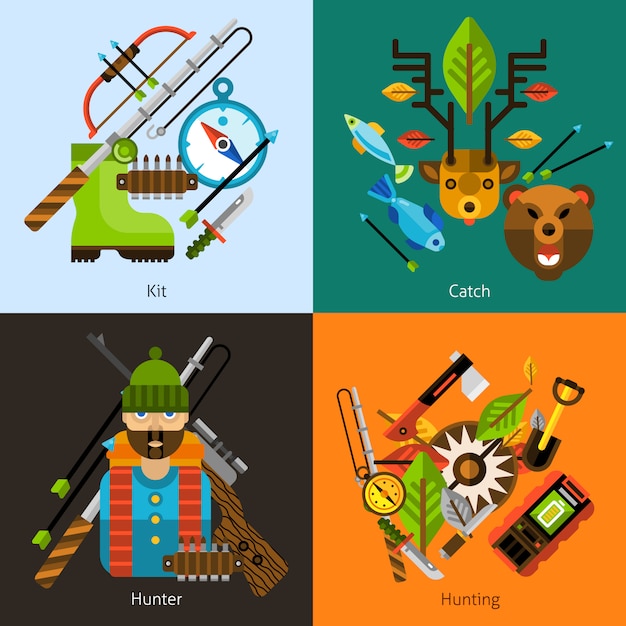 Free vector hunting and fishing flat set