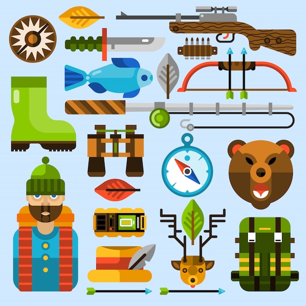 Hunting and fishing icons set