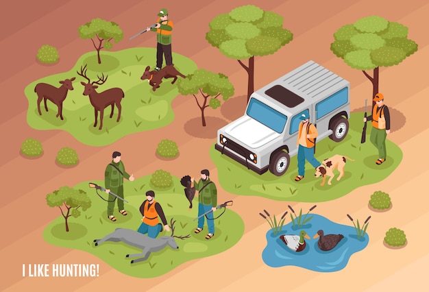 Hunting scene isometric composition with killed game animals jeep dogs and shooter aiming at deer 