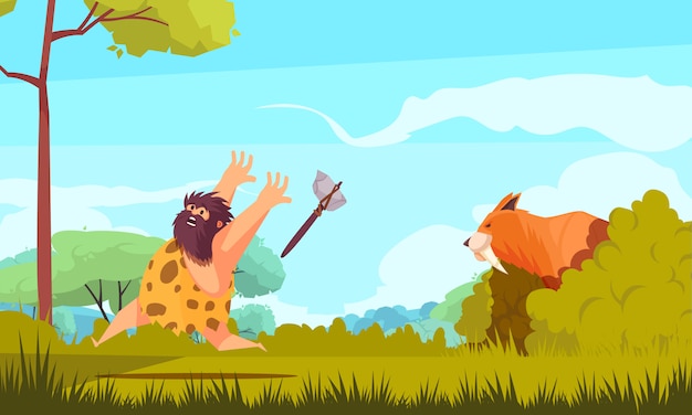 Охота в каменном веке красочные иллюстрации с доисторическим человеком, бегущим от большого мультфильма животных
