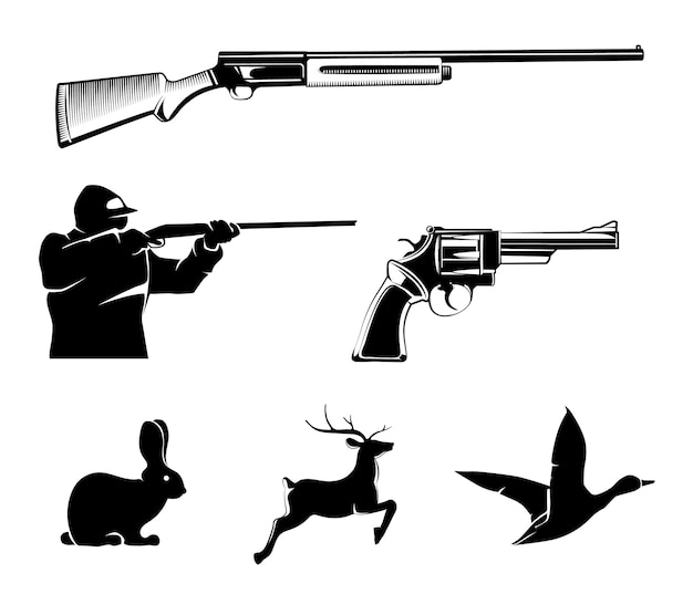 빈티지 라벨 및 엠블럼에 대한 사냥 벡터 요소. 사슴과 총, 사냥 스포츠, 권총 또는 리볼버, 야생 동물 및 소총 그림